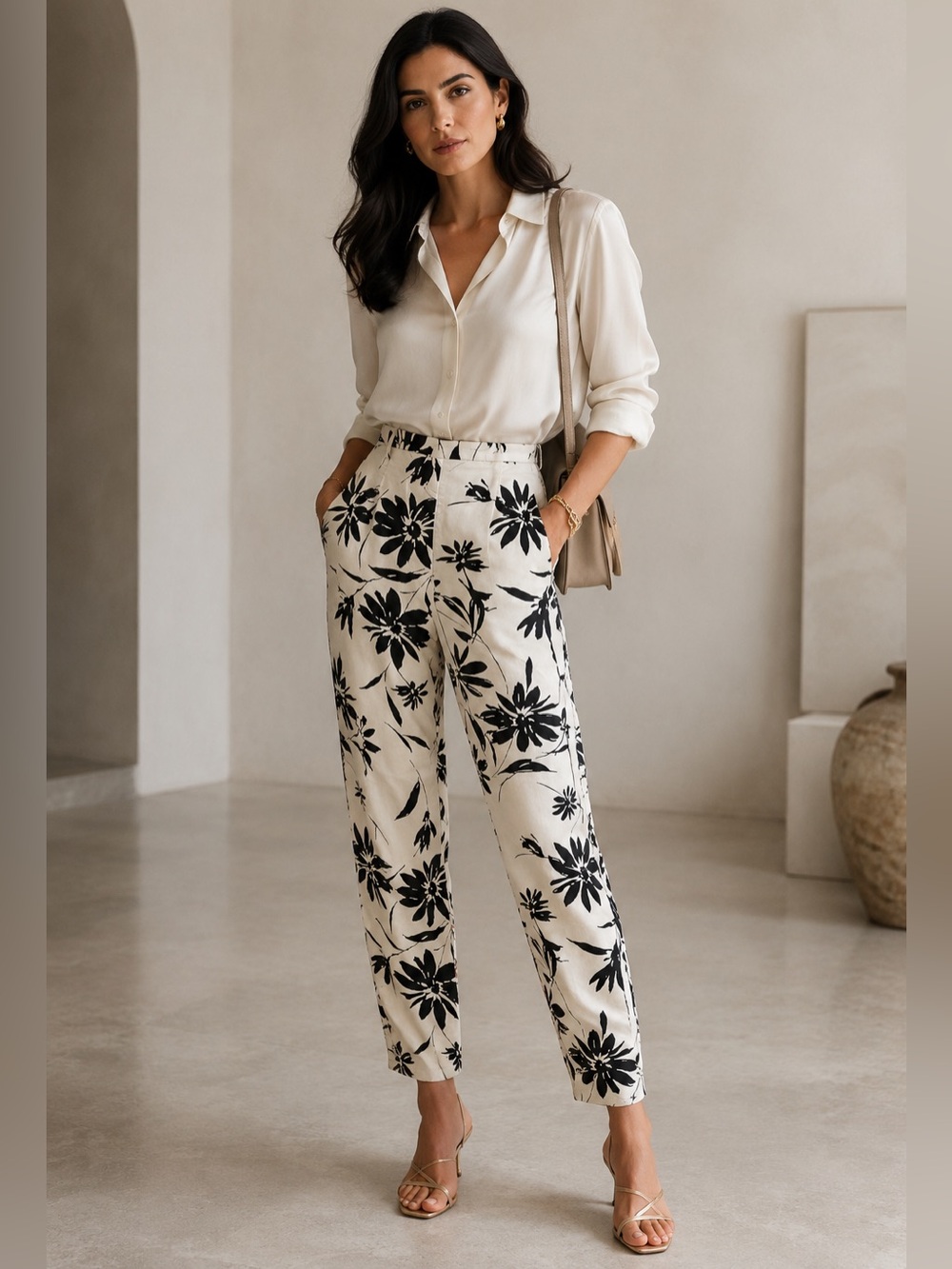 VTG Adrianna Papell 100% SILK Pants Artsy Boho Ivory/Black Floral Beaded S 6
